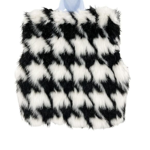 Michael Kors Houndstooth Black White Open Front Faux Fur Vest Large - Picture 6 of 8